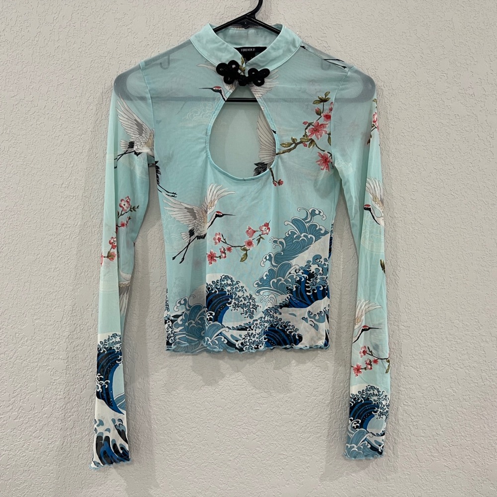 Forever 21 Womens S Blue Mesh Crane Wave Print Keyhole Long Sleeve Y2K